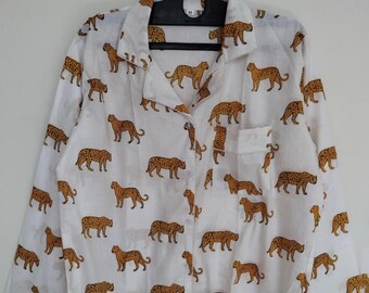Hand Block Print Cotton Ruffle Blous, White Button- Down