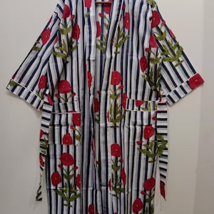 Cotton Kimono Robe Dressing Gown, Block Print Bridesmaid Robe, Summer Nightwear, One Size