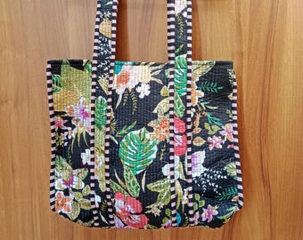 Bolso tote acolchado de algodón con estampado a mano: bolso de hombro con estampado floral indio