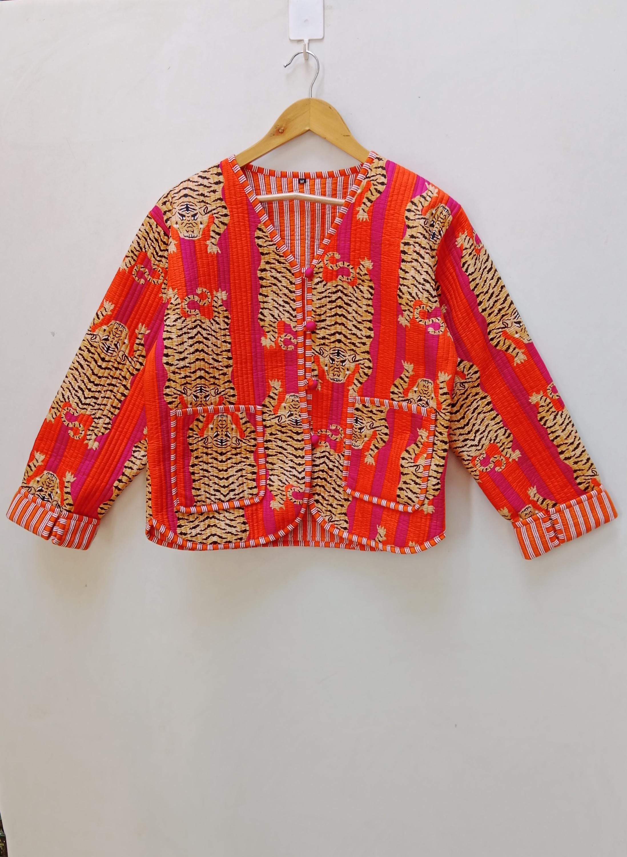 Orange Tiger Print Indian Handmade Cotton Quilted Jacket Coats, Unique and Warm Layering Piece for Cold Days, Ideal Gift for Her Christmas