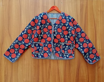 Chaqueta acolchada de algodón con estampado floral en bloques - Abrigo indio reversible