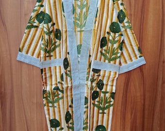 Kimono-Robe aus Baumwolle mit Blockprint: Strandüberzug, Lounge-Wear