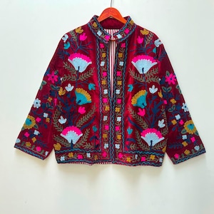 Handmade Suzani Velvet Embroidery Jacket, Reversible Indian Velvet Coat