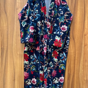 Floral Print Cotton Velvet Kimono Robe: Handmade Bridal Jacket
