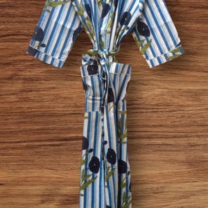 Hand Block Print Cotton Kimono Robe: Floral Striped Beach Cover-Up