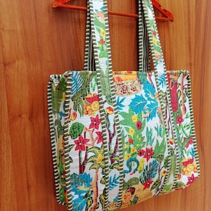 Quilted Cotton Tote Bag: Jungle Print Reversible Shopper