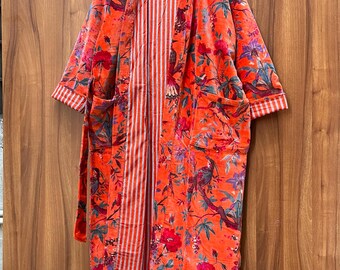 Handmade Cotton Velvet Floral Kimono Robe: Boho Duster Jacket