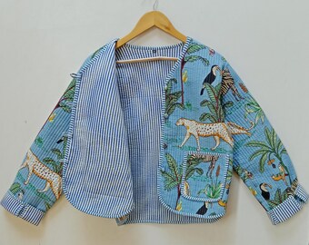 Handmade Cotton Quilted Jacket: Jungle Print Reversible Kimono