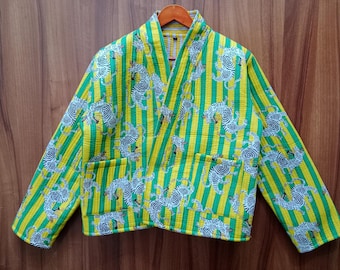 Kurtka pikowana z bawełny z nadrukiem blokowym, ręcznie robiona: Płaszcz damski w stylu boho