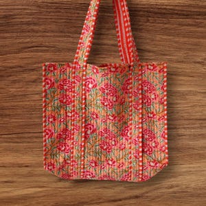 Handprinted Quilted Cotton Tote Bag: Reversible Floral Shopper