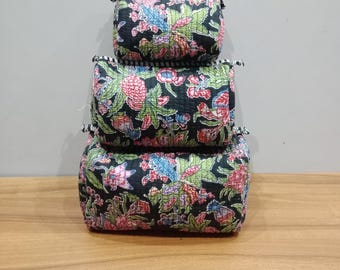 Handmade Block Print Quilted Cosmetic Bag: Waterproof Toiletry Organizer