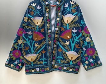 Blue Velvet Suzani Jacket | Hand Embroidered Boho Short Coat