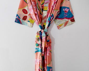 Katoenen kimonobadjas met bloemenprint: strandkleed met Indiase print