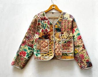Handmade Patchwork Cotton Quilted Jacket: Reversible Boho Coat