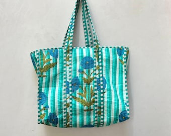 Floral Quilted Cotton Tote Bag: Handmade Block Print Market Bag