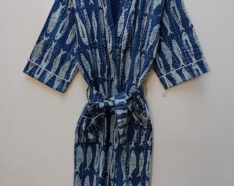 Veste kimono matelassée en coton kantha imprimé à la main pour femme Robe