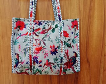 Bird Print Quilted Velvet Tote Bag: Reversible Cotton Beach Weekender