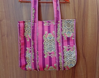 India Tiger Print Quilted Tote Bag: Handmade Cotton Shoulder Bag