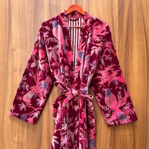Handmade Maroon Bird Print Velvet Kimono Robe: Bridal Jacket