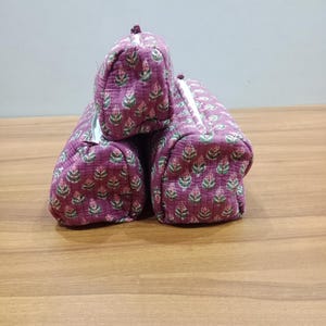 Borse da toeletta indiane con stampa a blocchi, borsa per il trucco in cotone, borsa per cosmetici trapuntata, borsa con stampa a blocchi, borsa per il trucco floreale, borsa per il trucco da donna
