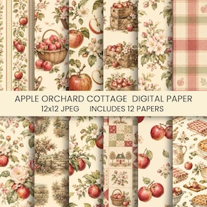 May include: A collection of 12 digital papers featuring apple orchard themes, including baskets of red apples, apple blossoms, wooden crates, checkered patterns, and landscape scenes with text reading APPLE ORCHARD COTTAGE DIGITAL PAPER 12x12 JPEG.