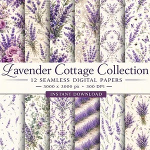 Puede incluir: Una colección de 12 papeles digitales sin costuras titulada Lavender Cottage Collection, que presenta varios patrones de ramas de lavanda moradas, ramos y motivos florales sobre fondos crema, con el texto 3000 x 3000 px, 300 DPI e Instant Download.