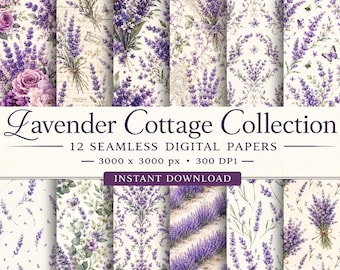 May include: A collection of 12 seamless digital papers titled Lavender Cottage Collection, featuring various patterns of purple lavender sprigs, bouquets, and floral motifs on cream backgrounds, with text stating 3000 x 3000 px, 300 DPI, and Instant Download.