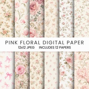 Puede incluir: Una colección de 12 papeles digitales con diseños florales rosas. Cada papel presenta un patrón diferente, incluyendo rosas, lazos y otros elementos florales. Los papeles miden 30,48 x 30,48 cm y están en formato JPEG.