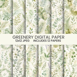 Watercolor Greenery Digital Paper Bundle | Botanical Eucalyptus, Fern, Olive Leaves (Digital Download)