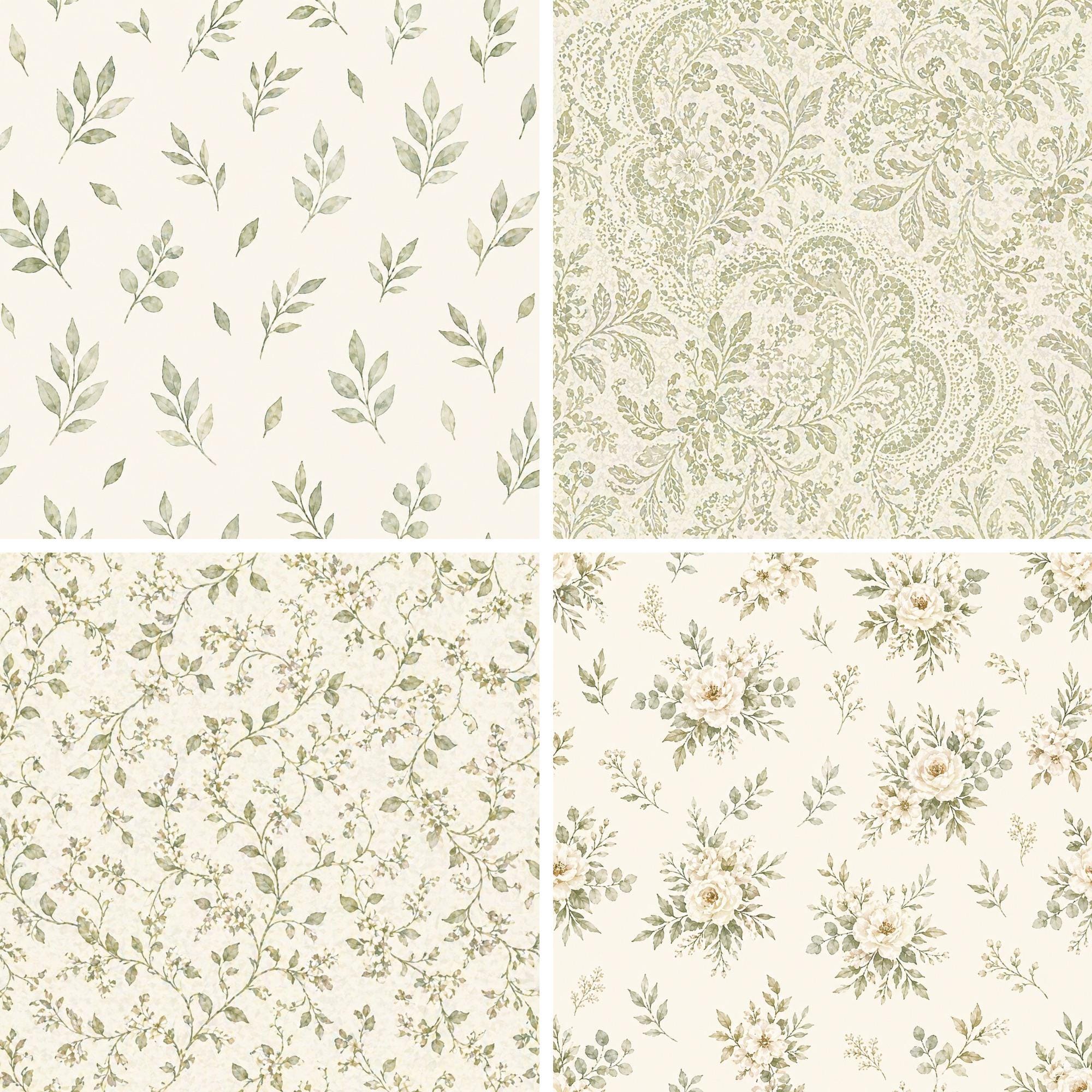 Sage Green Floral Digital Paper Bundle, Vintage Botanical Seamless ...