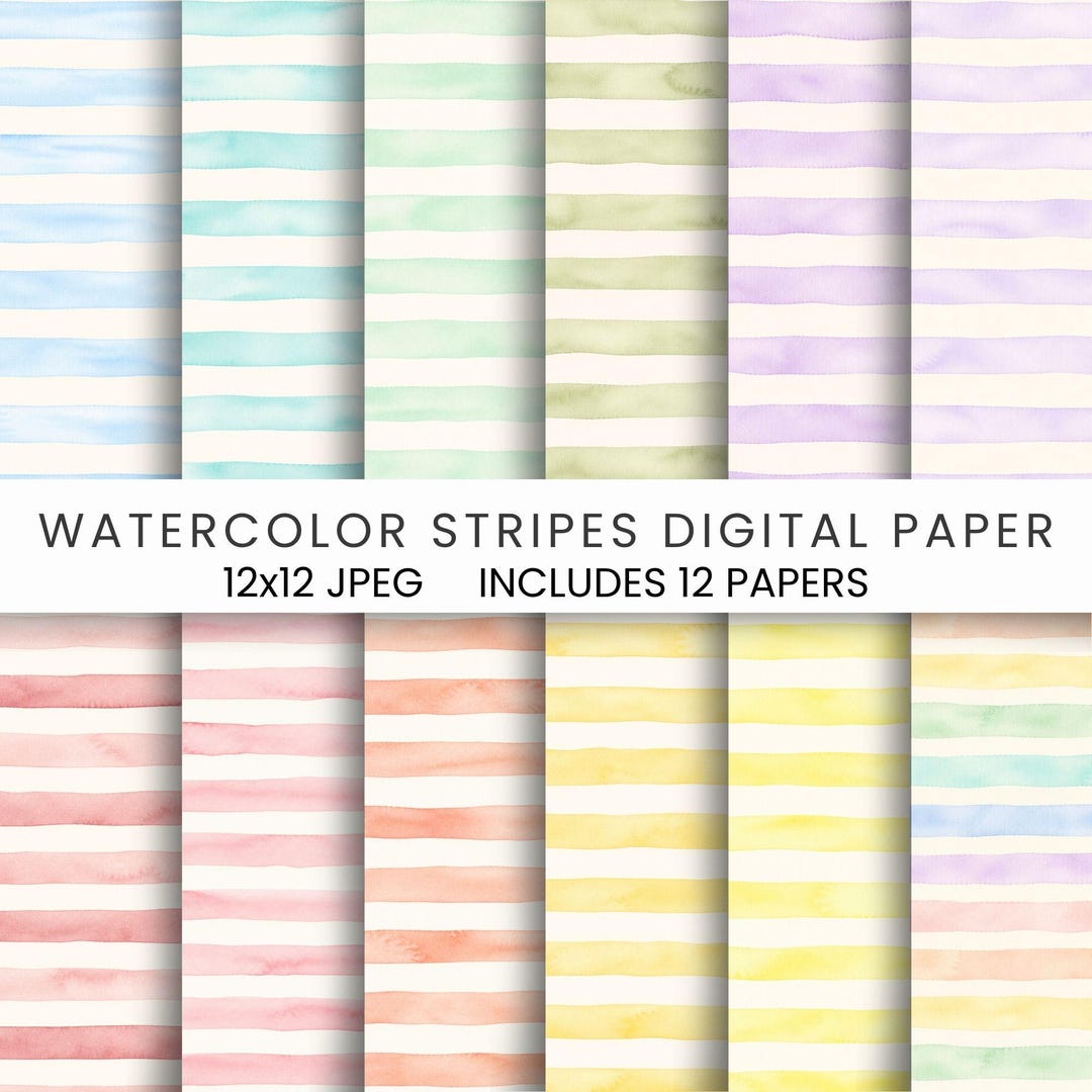 Pastel Watercolor Stripes Digital Paper Pack, Soft Stripe Backgrounds ...