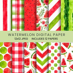 Può includere: Una collezione di dodici carte digitali con motivi di anguria ad acquerello, tra cui strisce rosse e verdi, quadretti vichy, pois, linee a chevron, fette di anguria e motivi floreali con il testo WATERMELON DIGITAL PAPER 12x12 JPEG.