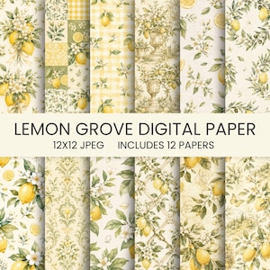 Op de afbeelding: Een collectie van twaalf digitale papieren getiteld Lemon Grove Digital Paper 12x12 JPEG. De patronen bevatten gele citroenen, groene bladeren, witte bloesems, ruitpatronen, damastmotieven en urnillustraties op een crèmekleurige achtergrond.