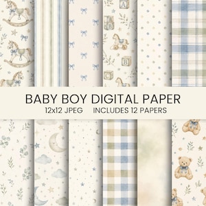 Könnte beinhalten: Eine Sammlung von zwölf digitalen Papieren mit Aquarellillustrationen von Schaukelpferden, Teddybären, Monden, Sternen, Wolken, Schleifen und Alphabetwürfeln in Blau-, Beige- und Grüntönen, mit Mustern wie Streifen, Karos und Punkten.