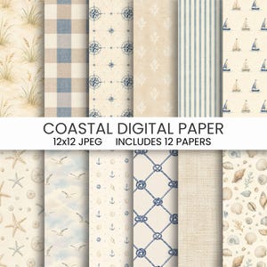Coastal Digital Paper Bundle, Beach Cottage Scrapbook Paper, Nautical Backgrounds, Coastal Junk Journal
