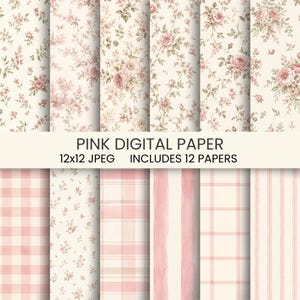 Può includere: Una collezione di dodici carte digitali con vari motivi, tra cui stampe floreali rosa e bianche, quadretti vichy, disegni scozzesi e strisce verticali. Il testo PINK DIGITAL PAPER 12x12 JPEG INCLUDES 12 PAPERS è centrato.