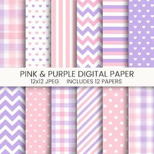 Puede incluir: Una colección de doce papeles digitales con patrones rosas y morados que incluyen corazones, rayas, chevrones, lunares y cuadros. El texto dice PINK & PURPLE DIGITAL PAPER 12x12 JPEG INCLUDES 12 PAPERS.