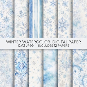 Pode incluir: Uma coleção de doze papéis digitais com designs em aquarela com tema de inverno em tons de azul e branco. Os padrões incluem flocos de neve, elementos botânicos, motivos de damasco e listras. Texto: WINTER WATERCOLOR DIGITAL PAPER 12x12 JPEG INCLUDES 12 PAPERS.