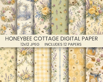 May include: A collection of twelve digital papers featuring Honeybee Cottage designs. Patterns include yellow roses, lavender sprigs, honeycombs, bees, beehives, honey jars, and gingham checks in soft yellow, blue, and green tones on cream backgrounds.