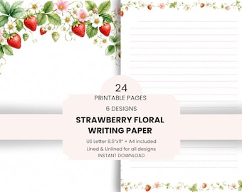Strawberry Floral Writing Paper, Cottagecore Stationery Bundle, Lined Unlined (Digital Download)