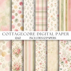 May include: A collection of 12 digital papers with a cottagecore theme. The papers feature watercolor designs including polka dots, floral patterns, plaid, stripes, and botanical elements. The color palette includes pink, green, and beige tones. The text on the image reads "Cottagecore Digital Paper 12x12 Includes 12 Papers."
