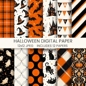 May include: A collection of 12 digital papers featuring Halloween patterns including orange and black plaid, witch hats, bats, haunted houses, ghost bunting, stripes, ghosts, spiderwebs, orange polka dots, black cats, and pumpkin damask.