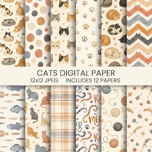 Op de afbeelding: Een collectie van twaalf digitale papieren met aquarelillustraties van katten, pootafdrukken, wolbollen, vissen en chevronpatronen in neutrale tinten. De tekst CATS DIGITAL PAPER 12x12 JPEG INCLUDES 12 PAPERS staat gecentreerd in de afbeelding.
