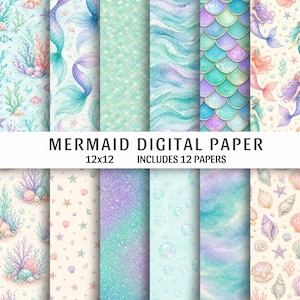 May include: A collection of 12 digital papers with a mermaid theme. The papers feature watercolor illustrations of mermaid tails, scales, seashells, and underwater scenes in shades of blue, teal, purple, and pink. The text "MERMAID DIGITAL PAPER" is displayed.