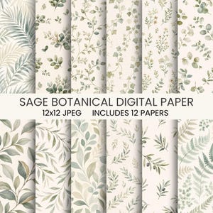Sage Green Botanical Digital Paper, Watercolor Leaf Backgrounds, Eucalyptus Pattern Bundle