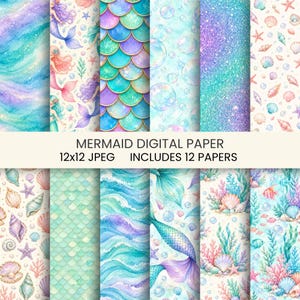 Puede incluir: Una colección de doce papeles digitales con patrones de sirenas que incluyen olas de acuarela, escamas iridiscentes, burbujas, texturas de purpurina, conchas, estrellas de mar, arrecifes de coral y colas de sirena con el texto MERMAID DIGITAL PAPER 12x12 JPEG.