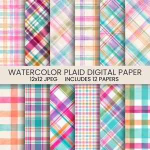 Watercolor Plaid Digital Paper, Pastel Gingham Scrapbook Paper, Colorful Tartan Backgrounds, 12 JPG Papers