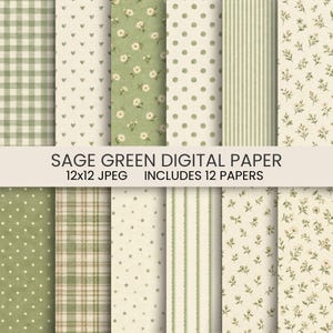 Puede incluir: Una colección de doce papeles digitales con patrones en verde salvia y crema que incluyen cuadros, corazones, margaritas, lunares, rayas, estrellas y flores. El texto SAGE GREEN DIGITAL PAPER 12x12 JPEG INCLUDES 12 PAPERS es visible.