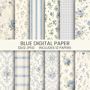 Może przedstawiać: Kolekcja dwunastu cyfrowych papierów z niebiesko-kremowymi wzorami, w tym motywami kwiatowymi, pasami, kratką gingham i damaskiem. Tekst głosi BLUE DIGITAL PAPER 12x12 JPEG INCLUDES 12 PAPERS. Każdy arkusz prezentuje odrębny niebieski motyw.