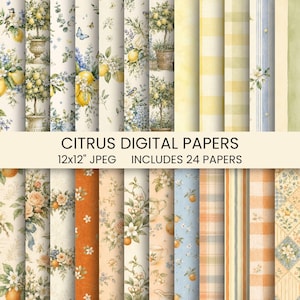Könnte beinhalten: Eine Sammlung von 24 digitalen Papieren mit Zitrus-, Blumen- und Pflanzenmustern in Gelb-, Orange-, Blau- und Cremetönen. Der Text CITRUS DIGITAL PAPERS 12x12" JPEG INCLUDES 24 PAPERS ist in der Mitte des Bildes zu sehen.